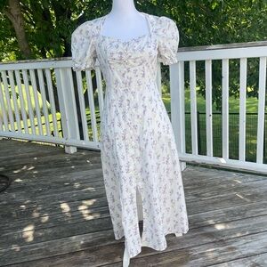 Ledin‎ Floral Midi Dress size L White Cotton Purple Flowers Ledin Online